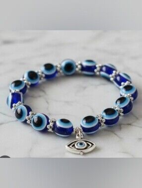 Turkish Evil Eye Silvertone Stretch Bracelet with Hamsa Charm NWOT